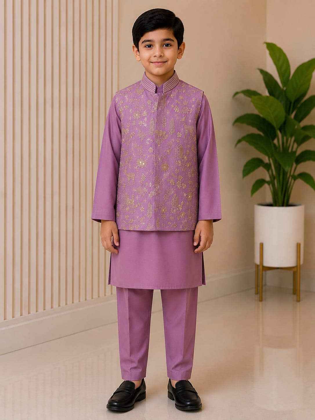 Boys' Gold Embroidered Lavender Nehru Jacket & Kurta Pyjama Set