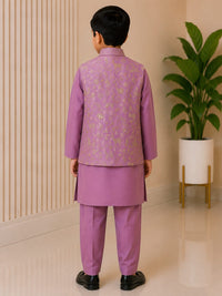 Boys' Gold Embroidered Lavender Nehru Jacket & Kurta Pyjama Set