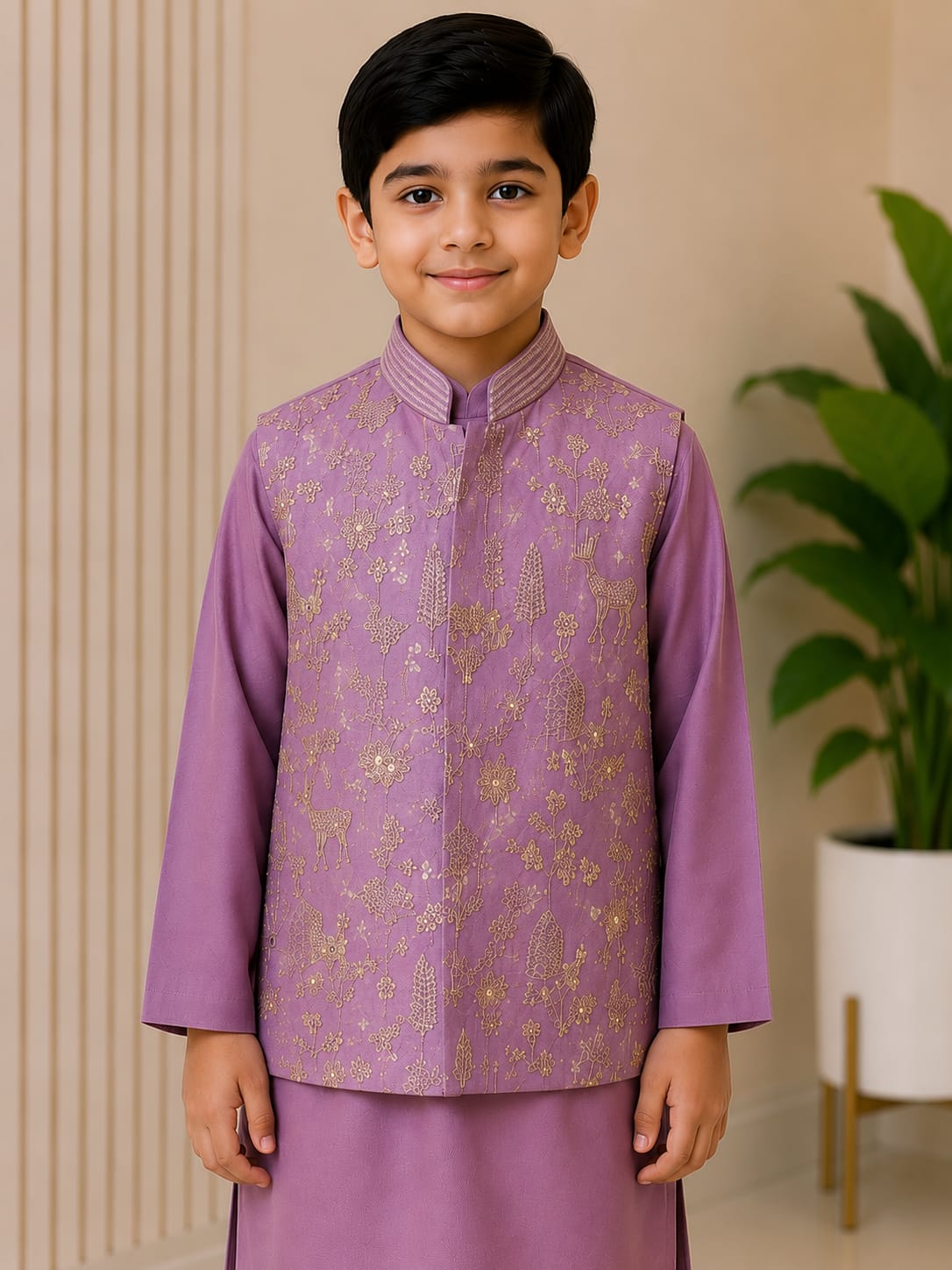Boys' Gold Embroidered Lavender Nehru Jacket & Kurta Pyjama Set
