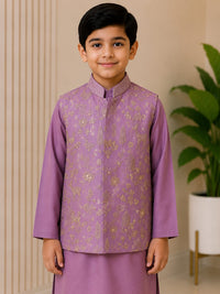 Boys' Gold Embroidered Lavender Nehru Jacket & Kurta Pyjama Set