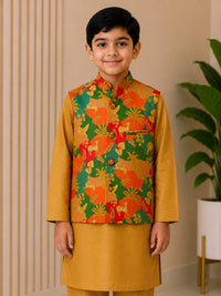 Boys' Wilderness Forest Print Nehru Jacket & Mustard Kurta Pyjama Set