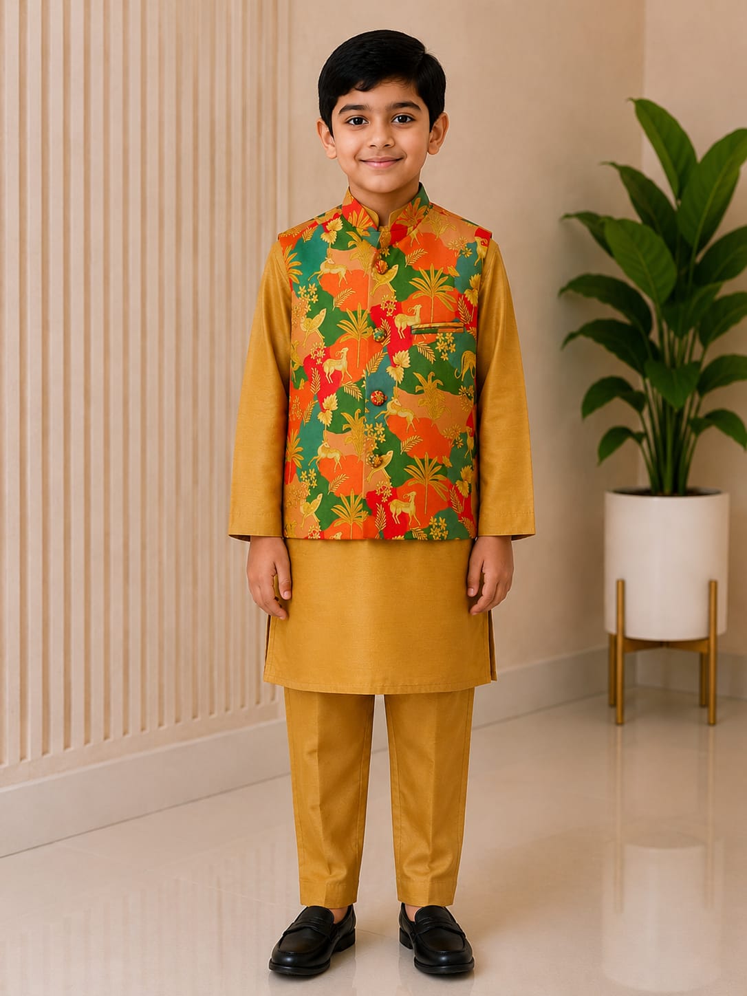 Boys' Wilderness Forest Print Nehru Jacket & Mustard Kurta Pyjama Set
