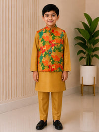 Boys' Wilderness Forest Print Nehru Jacket & Mustard Kurta Pyjama Set