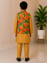 Boys' Wilderness Forest Print Nehru Jacket & Mustard Kurta Pyjama Set