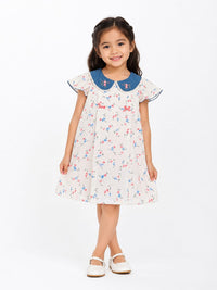 Girls Vintage Floral A-Line Dress with Embroidered Denim Collar