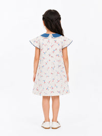 Girls Vintage Floral A-Line Dress with Embroidered Denim Collar