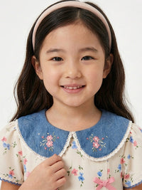 Girls Vintage Floral A-Line Dress with Embroidered Denim Collar