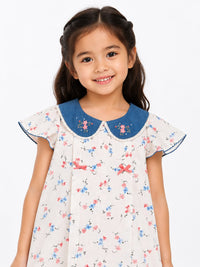 Girls Vintage Floral A-Line Dress with Embroidered Denim Collar