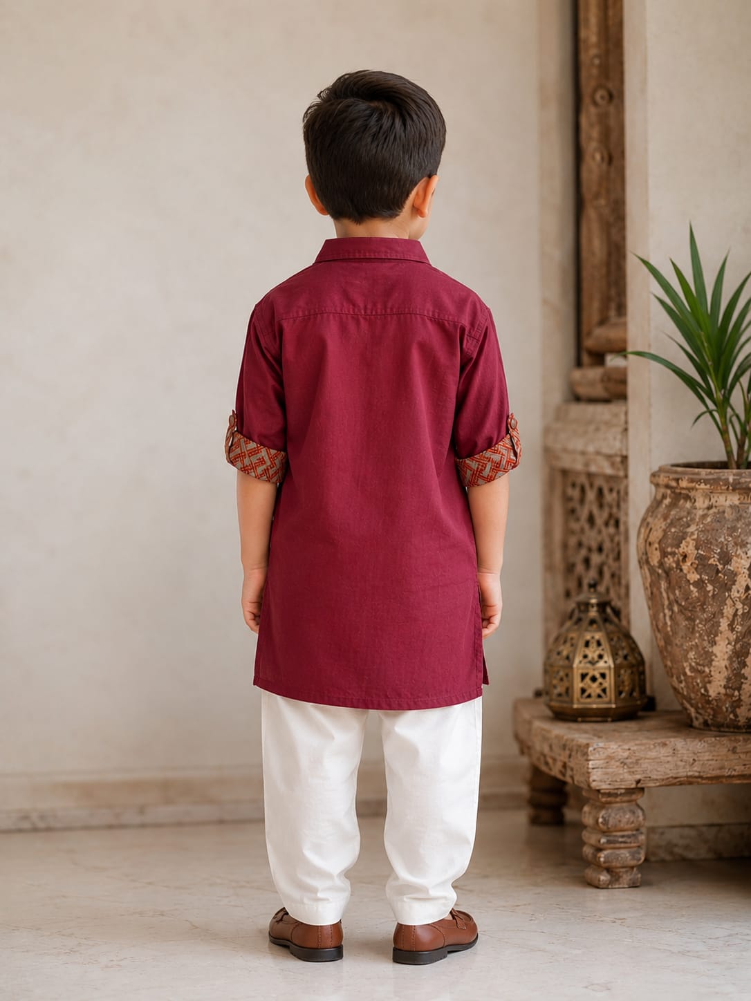 Boys Elegant Maroon Kurta with Geometric Accents