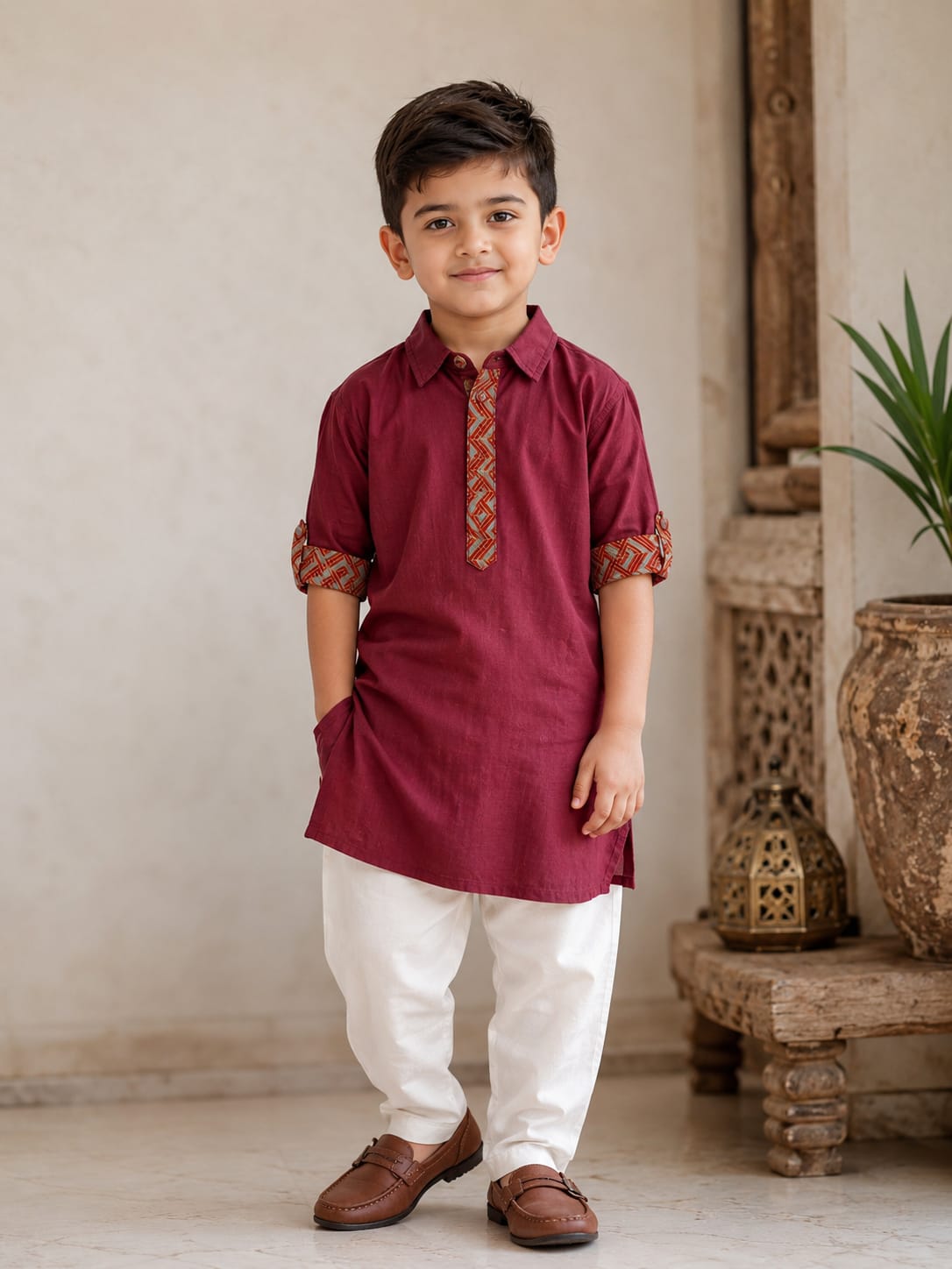 Boys Elegant Maroon Kurta with Geometric Accents