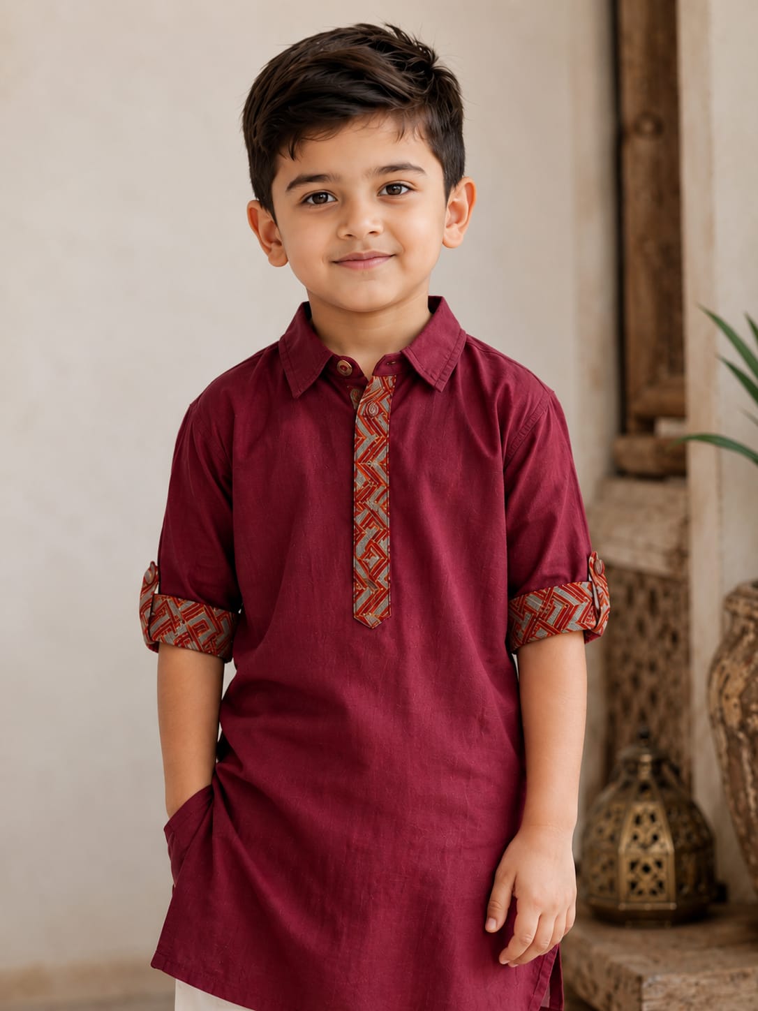 Boys Elegant Maroon Kurta with Geometric Accents
