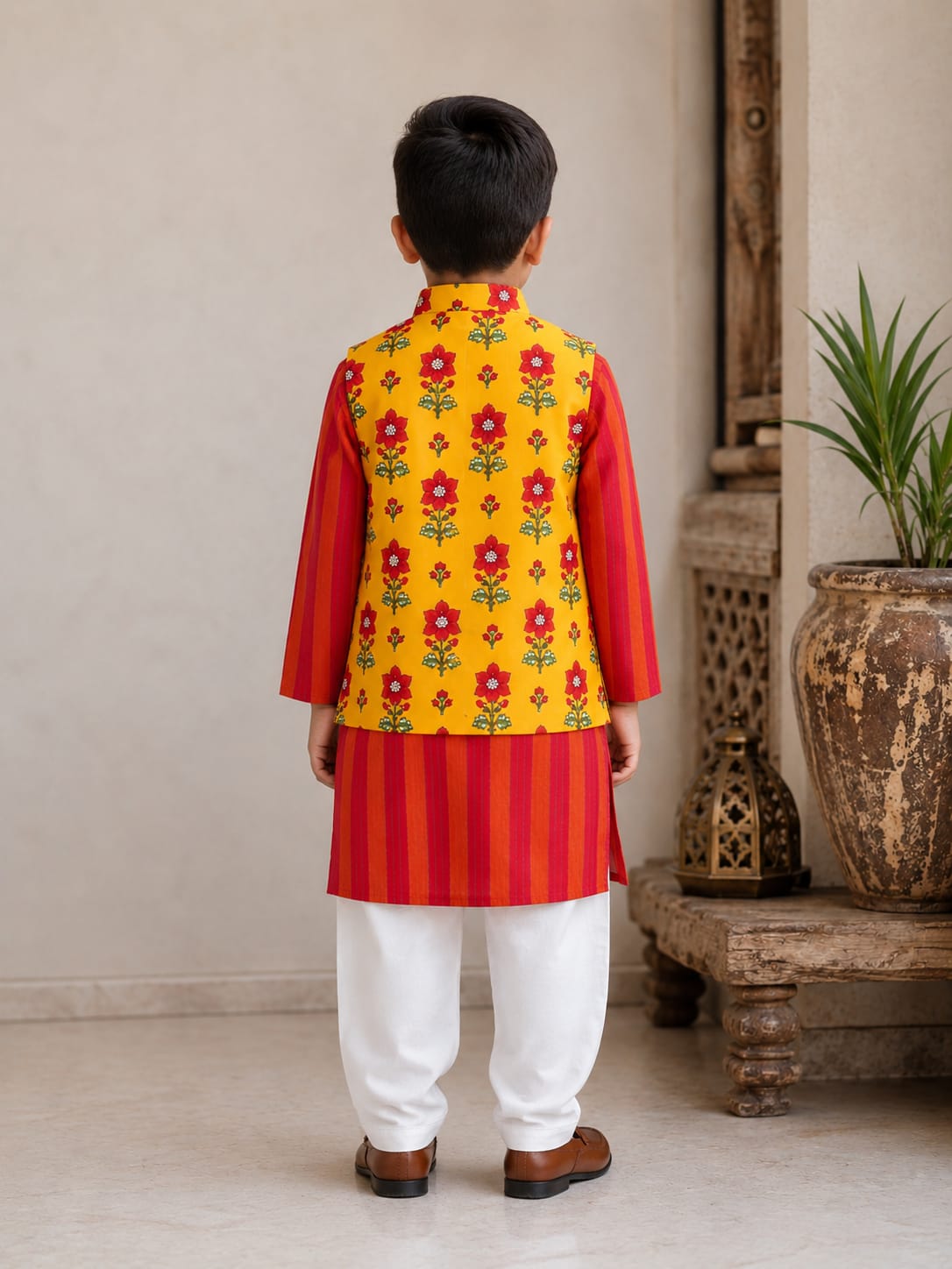 Boys Festive Striped Kurta with Floral Nehru Jacket Set
