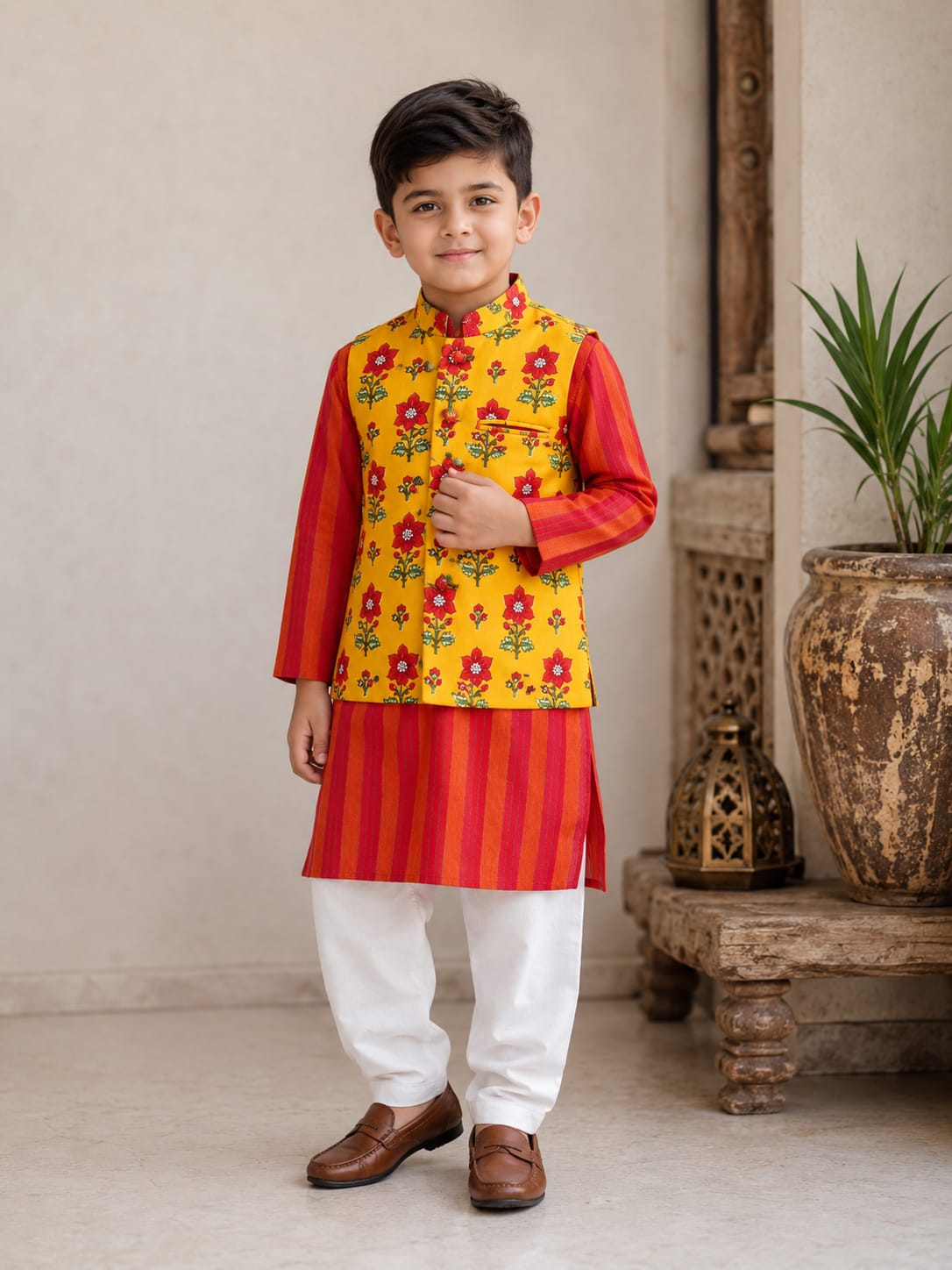 Boys Festive Striped Kurta with Floral Nehru Jacket Set