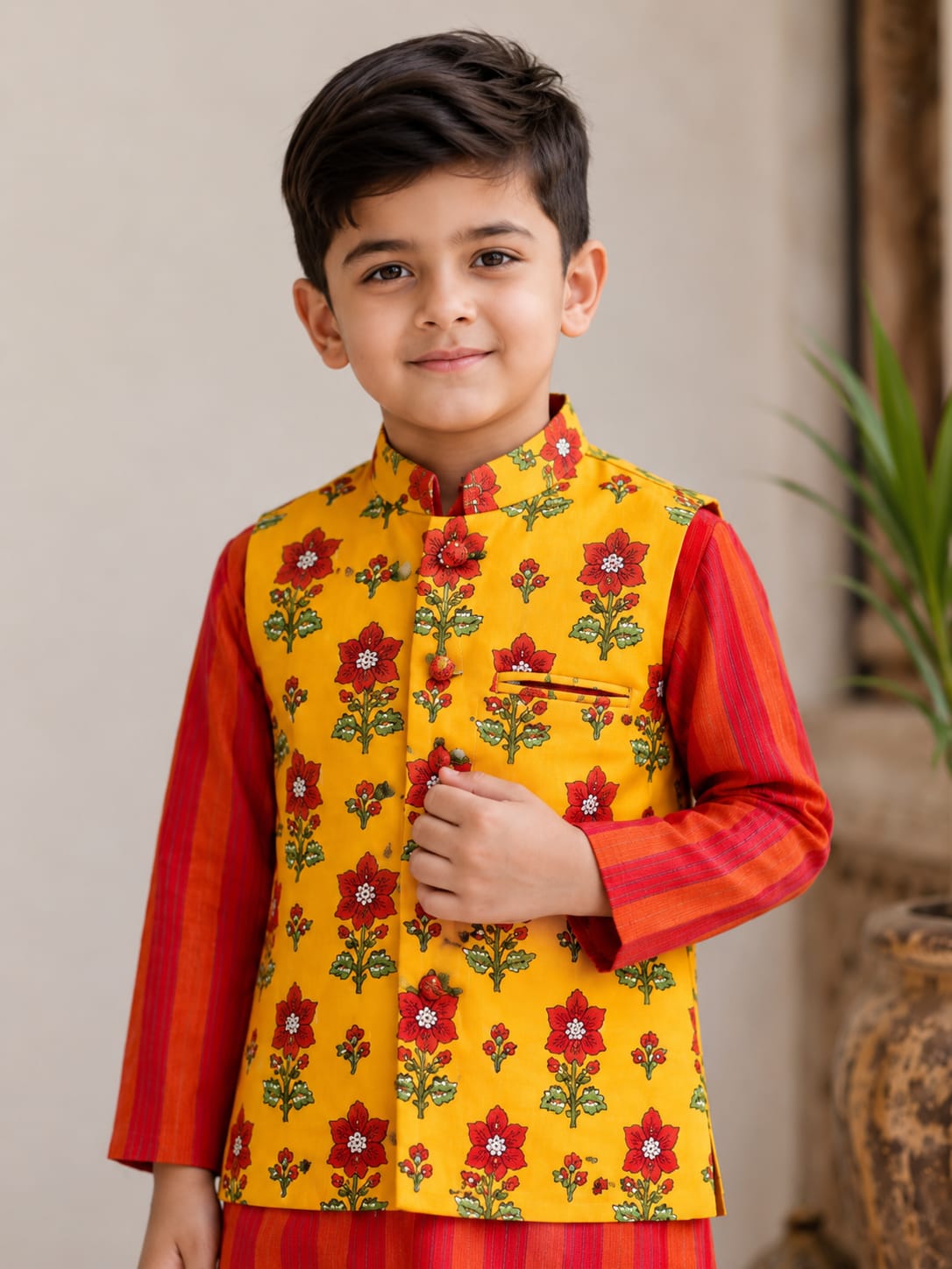 Boys Festive Striped Kurta with Floral Nehru Jacket Set