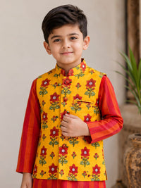 Boys Festive Striped Kurta with Floral Nehru Jacket Set