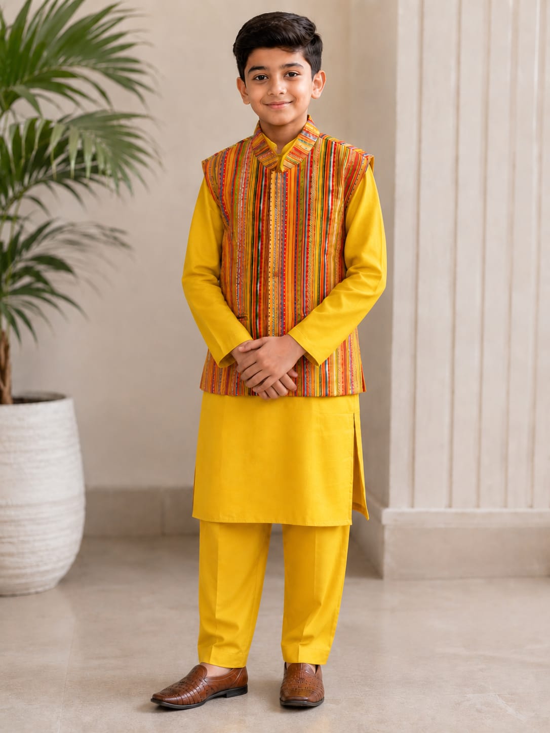 Boys Festive Yellow Kurta Set with Multi-Color Striped Nehru Jacket