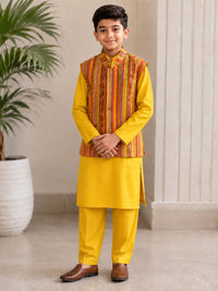 Boys Festive Yellow Kurta Set with Multi-Color Striped Nehru Jacket