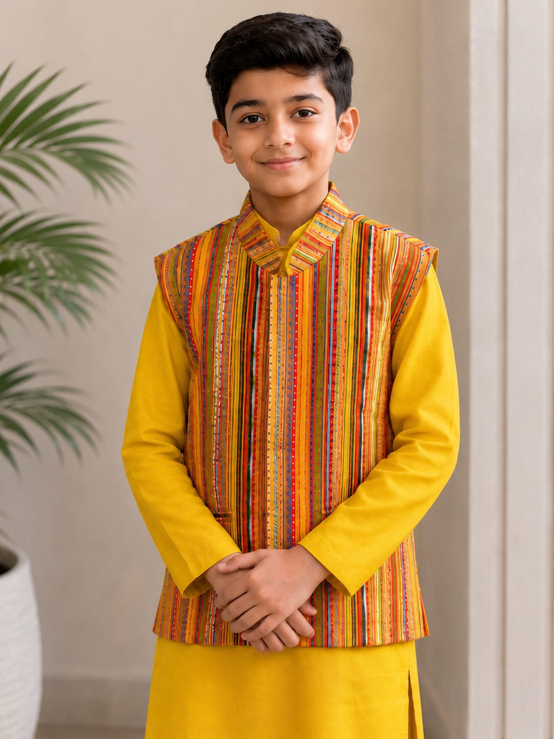 Boys Festive Yellow Kurta Set with Multi-Color Striped Nehru Jacket