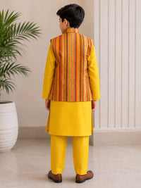 Boys Festive Yellow Kurta Set with Multi-Color Striped Nehru Jacket