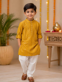 Boys Festive Mustard Yellow Foil Printed Kurta Set