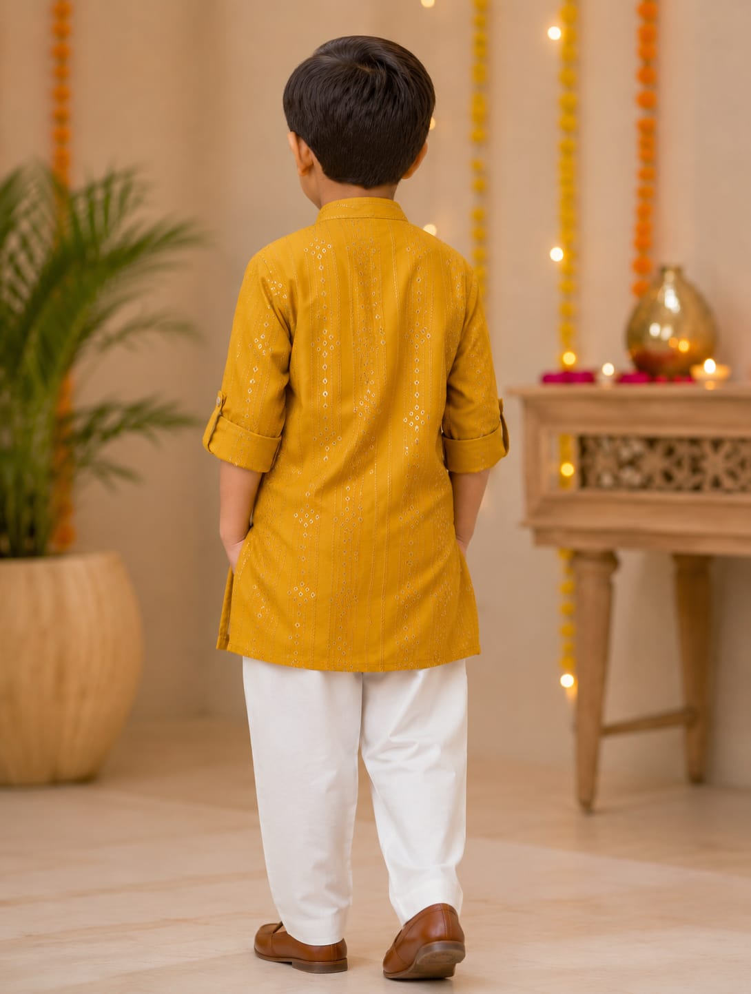 Boys Festive Mustard Yellow Foil Printed Kurta Set
