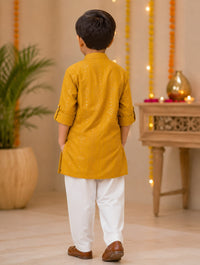Boys Festive Mustard Yellow Foil Printed Kurta Set