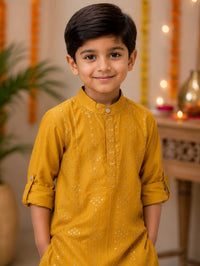 Boys Festive Mustard Yellow Foil Printed Kurta Set