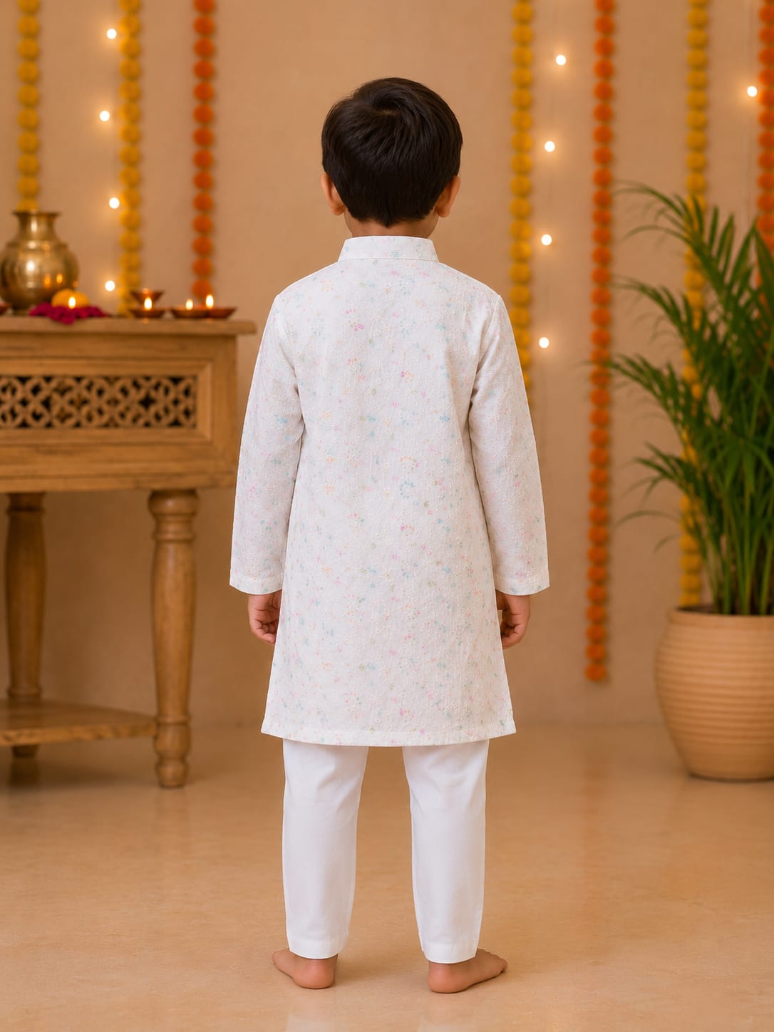 Boys Festive Off-White Chikankari Kurta Set