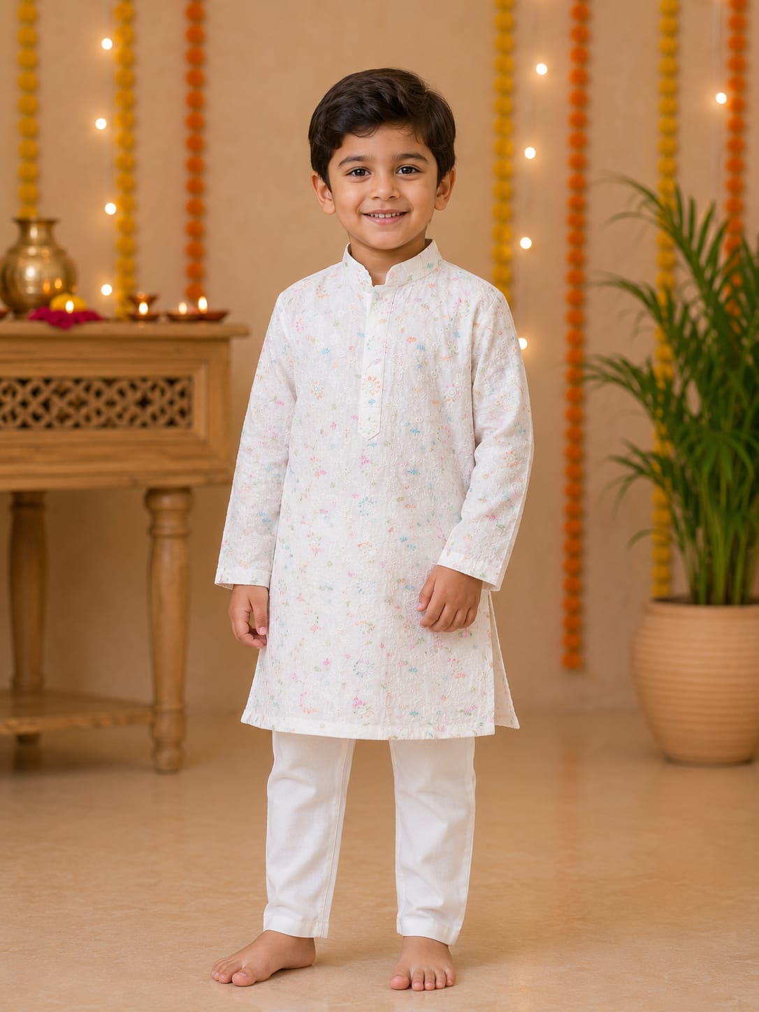 Boys Festive Off-White Chikankari Kurta Set