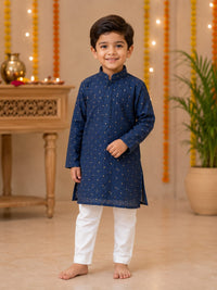 Boys Festive Navy Blue Embroidered Kurta Set