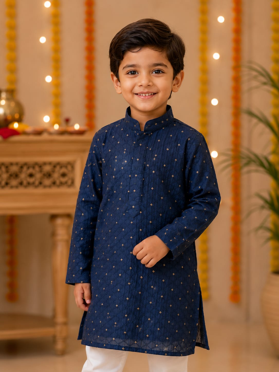 Boys Festive Navy Blue Embroidered Kurta Set