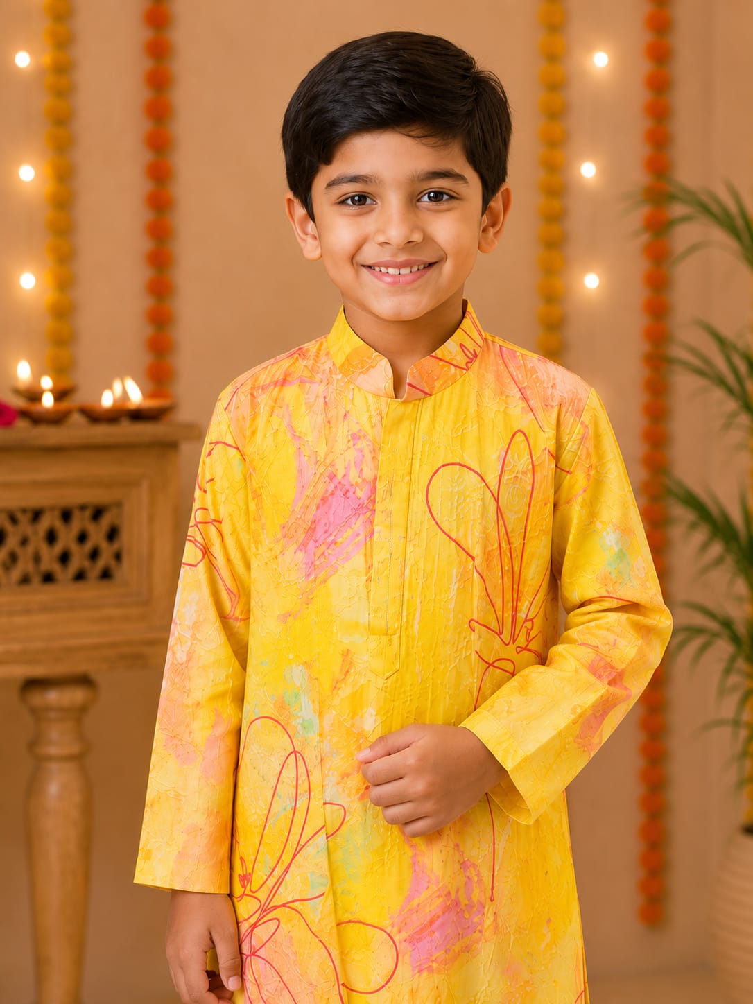 Boys Festive Yellow Abstract Print Kurta Set