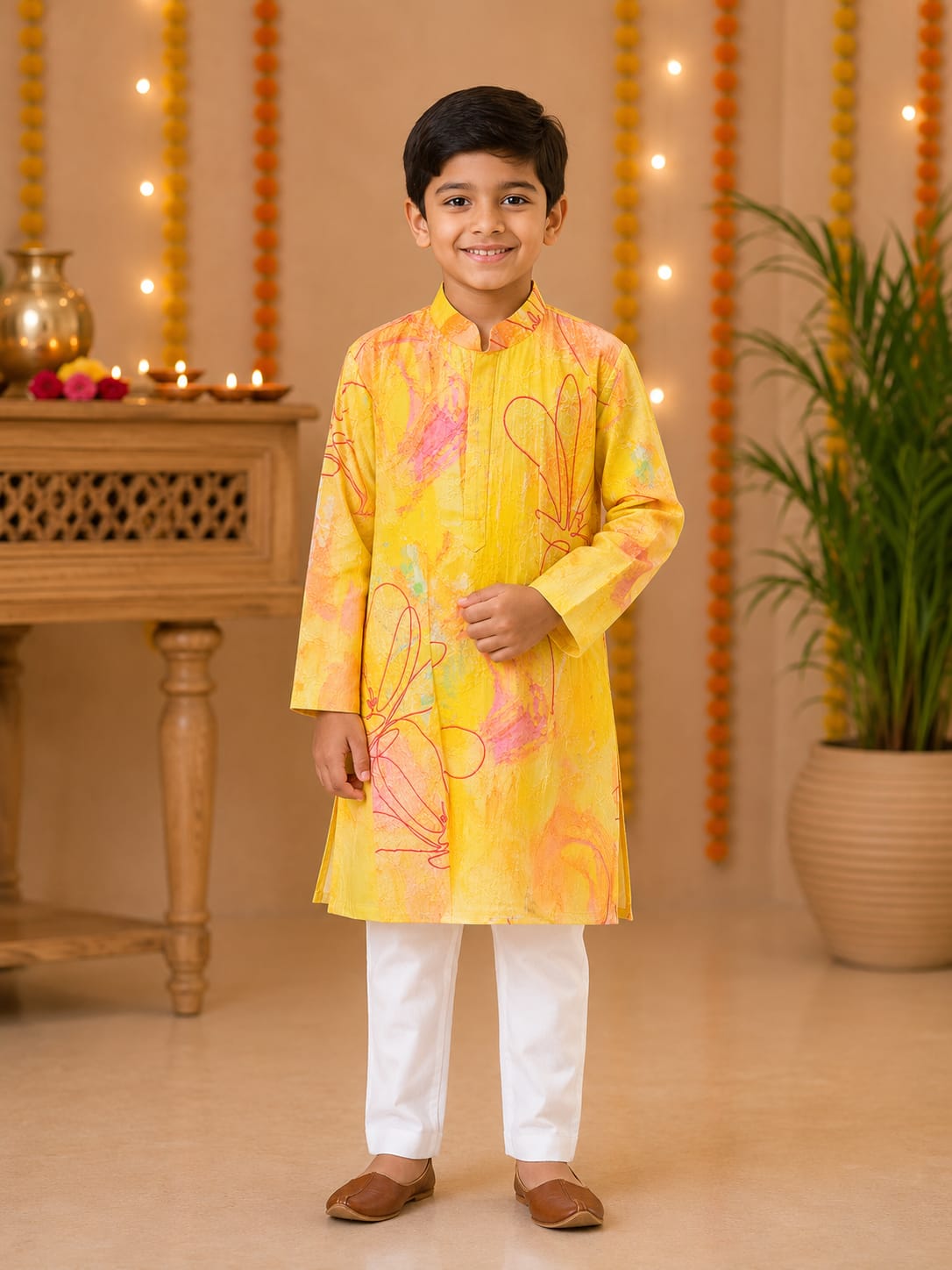 Boys Festive Yellow Abstract Print Kurta Set