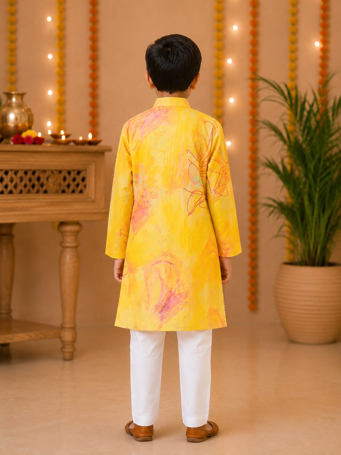 Boys Festive Yellow Abstract Print Kurta Set