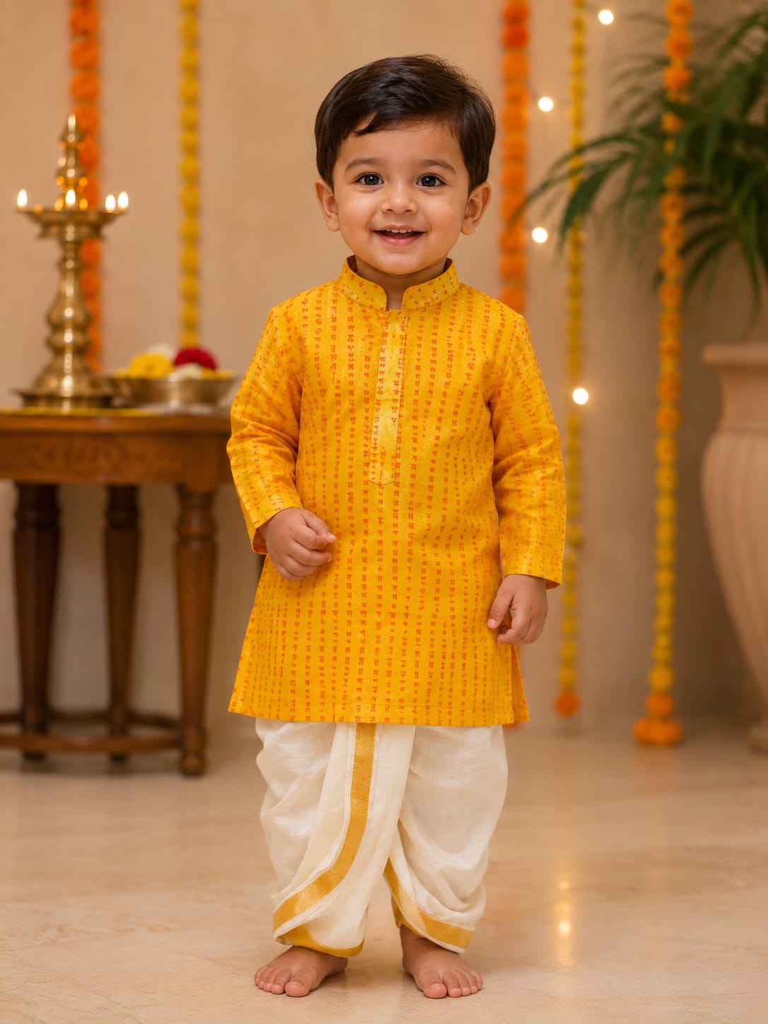 Boys Festive Yellow Printed Kurta and Dhoti Set