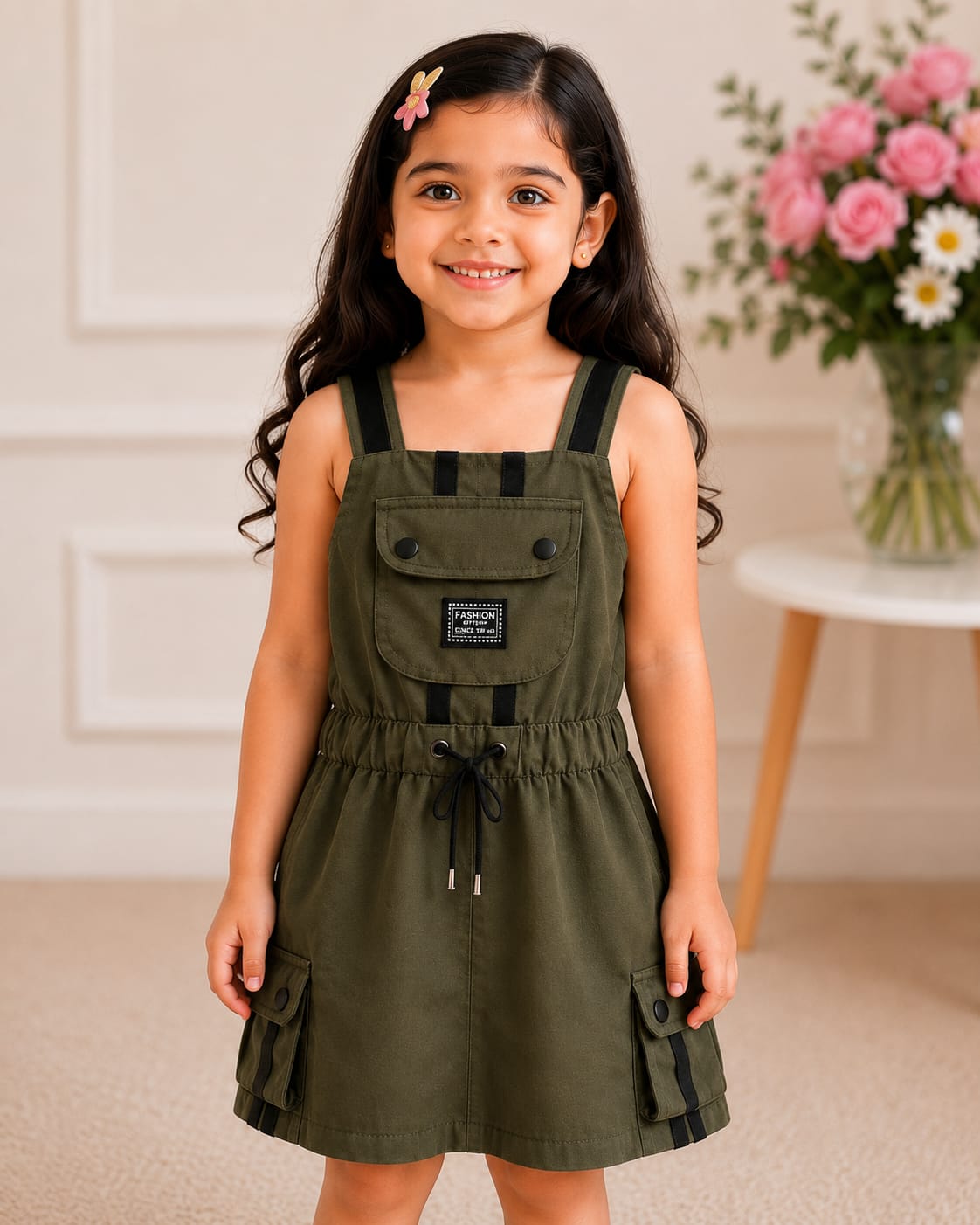 Girls Sporty Olive Cargo Dungaree Dress