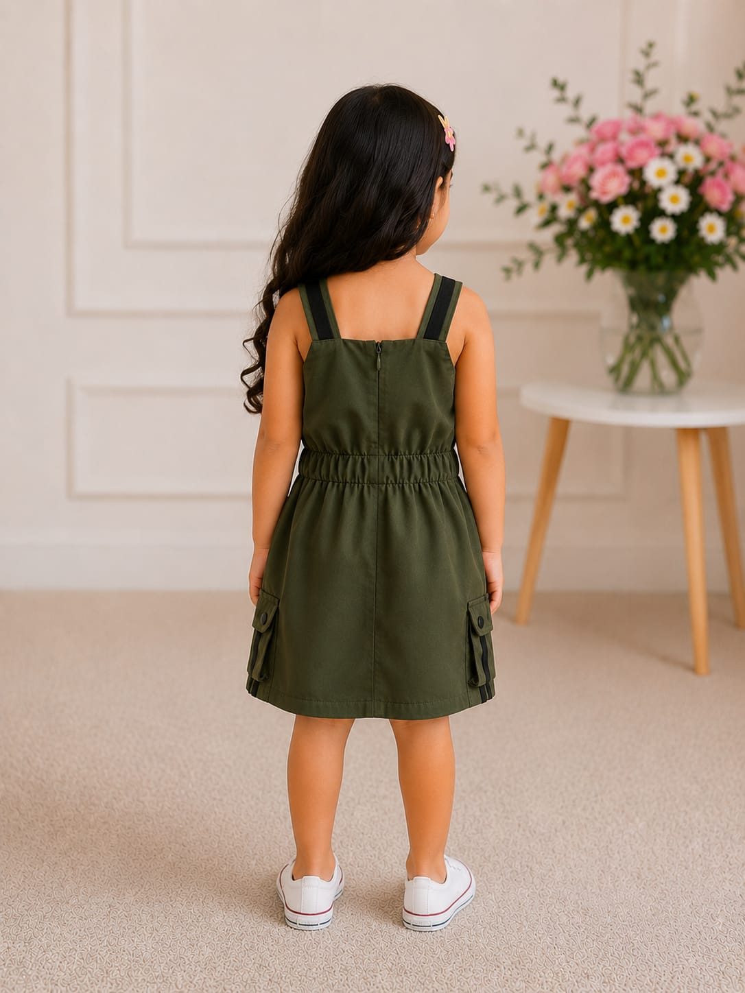 Girls Sporty Olive Cargo Dungaree Dress