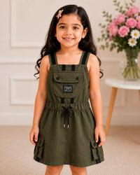 Girls Sporty Olive Cargo Dungaree Dress
