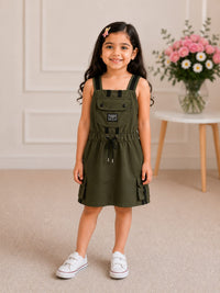 Girls Sporty Olive Cargo Dungaree Dress