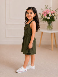 Girls Sporty Olive Cargo Dungaree Dress