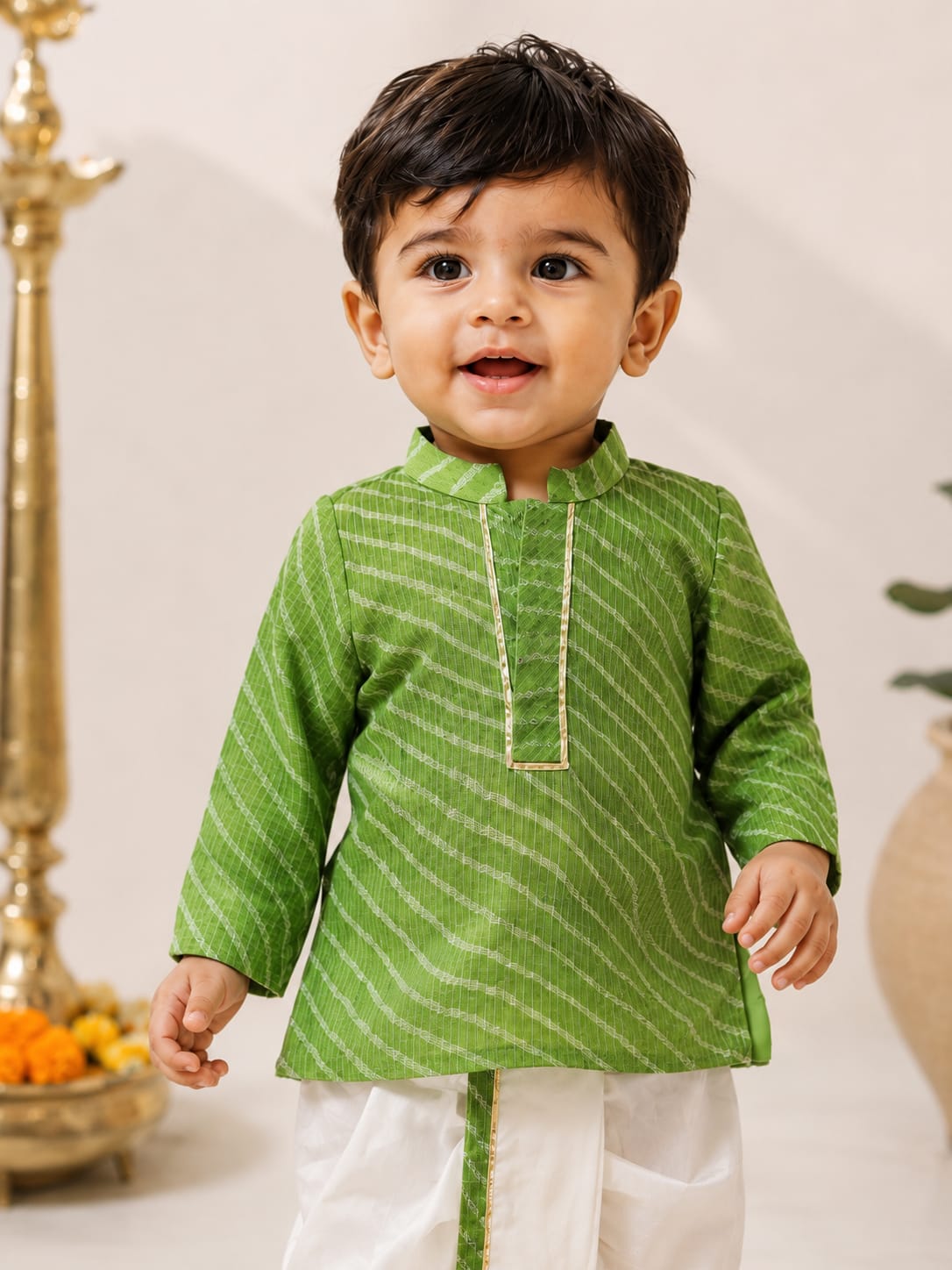 Boys Festive Green Leheriya Kurta and Dhoti Set
