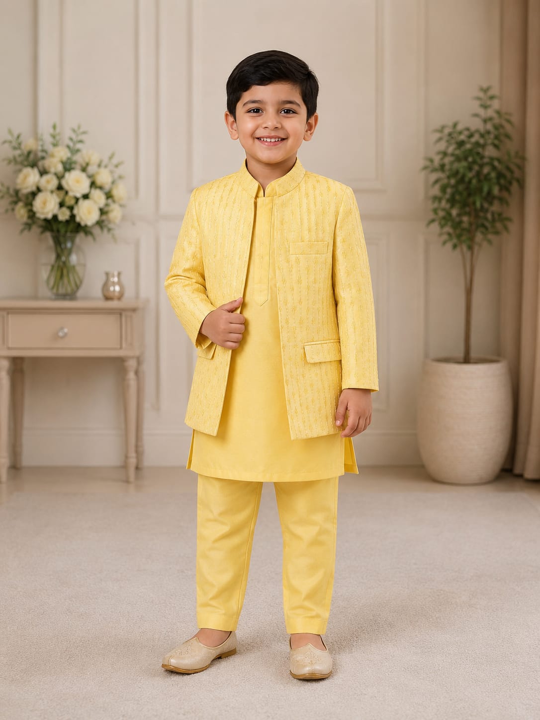 Boys' Haldi Yellow Embroidered Sherwani & Kurta Pyjama Set