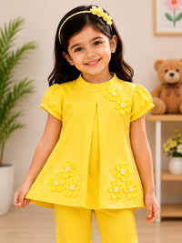 Vibrant Sunshine Yellow 3D Floral Girls' Flared Co-Ord Set