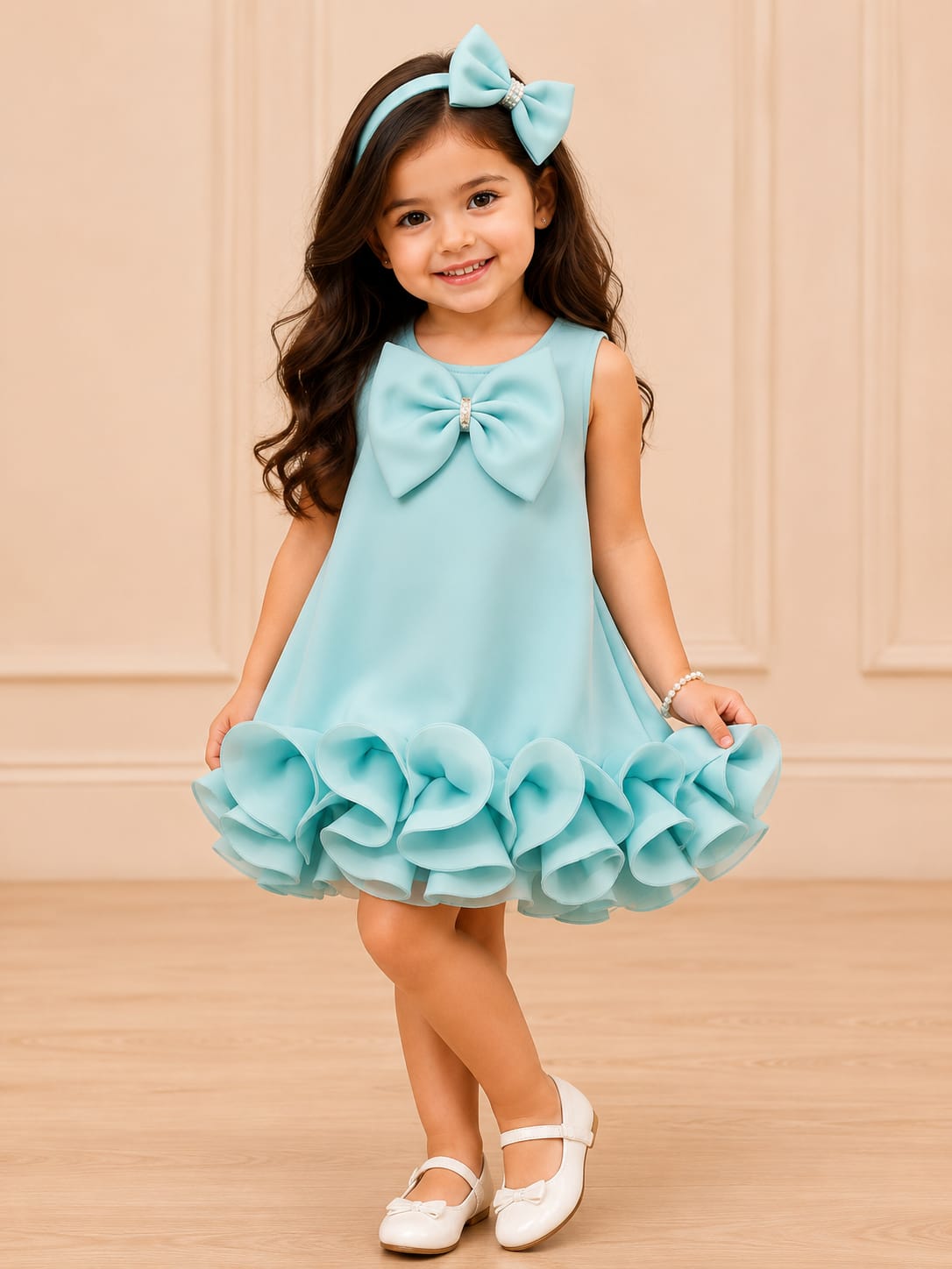 Sky Blue Serenade: Ruffled Rose Rosette Party Frock
