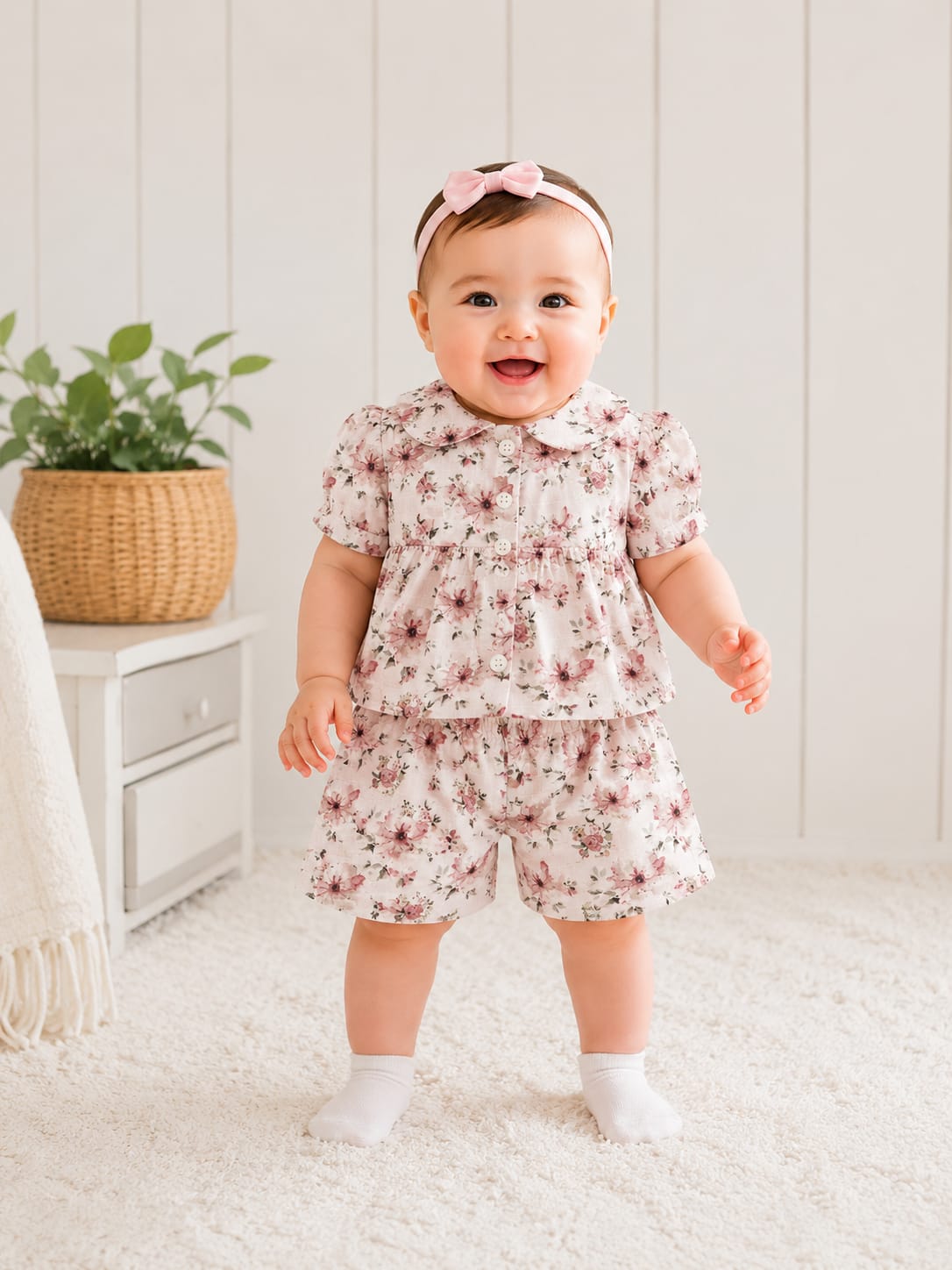 Vintage Floral Garden Girls' Cotton Shorts Co-Ord Set