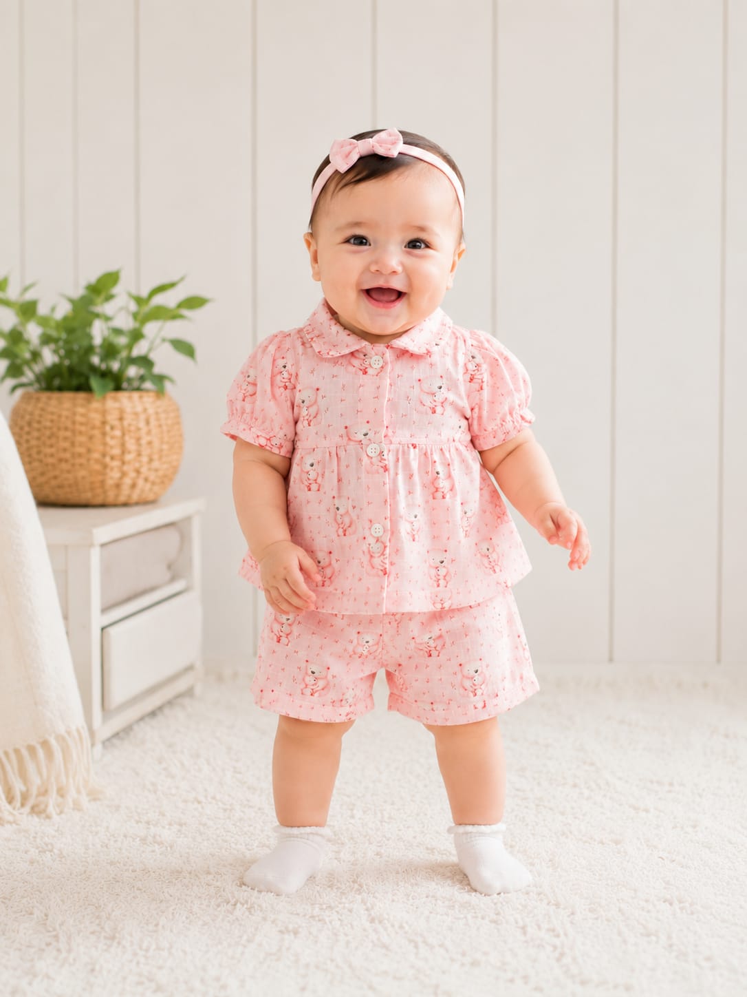 Charming Vintage Rose Printed Girls' Cotton Shorts Co-Ord Set