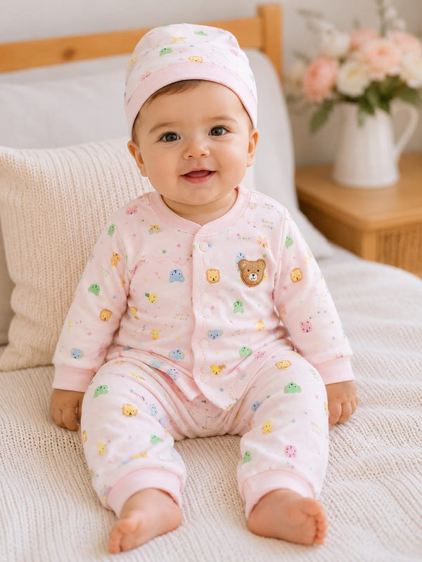 Adorable Teddy & Friends Infant Jumpsuit with Matching Beanie