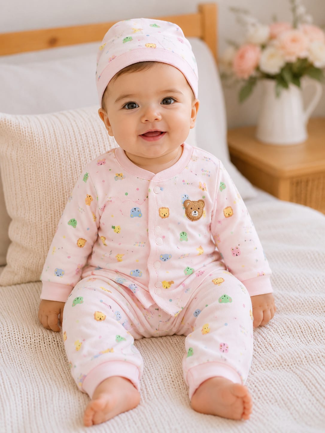 Adorable Teddy & Friends Infant Jumpsuit with Matching Beanie
