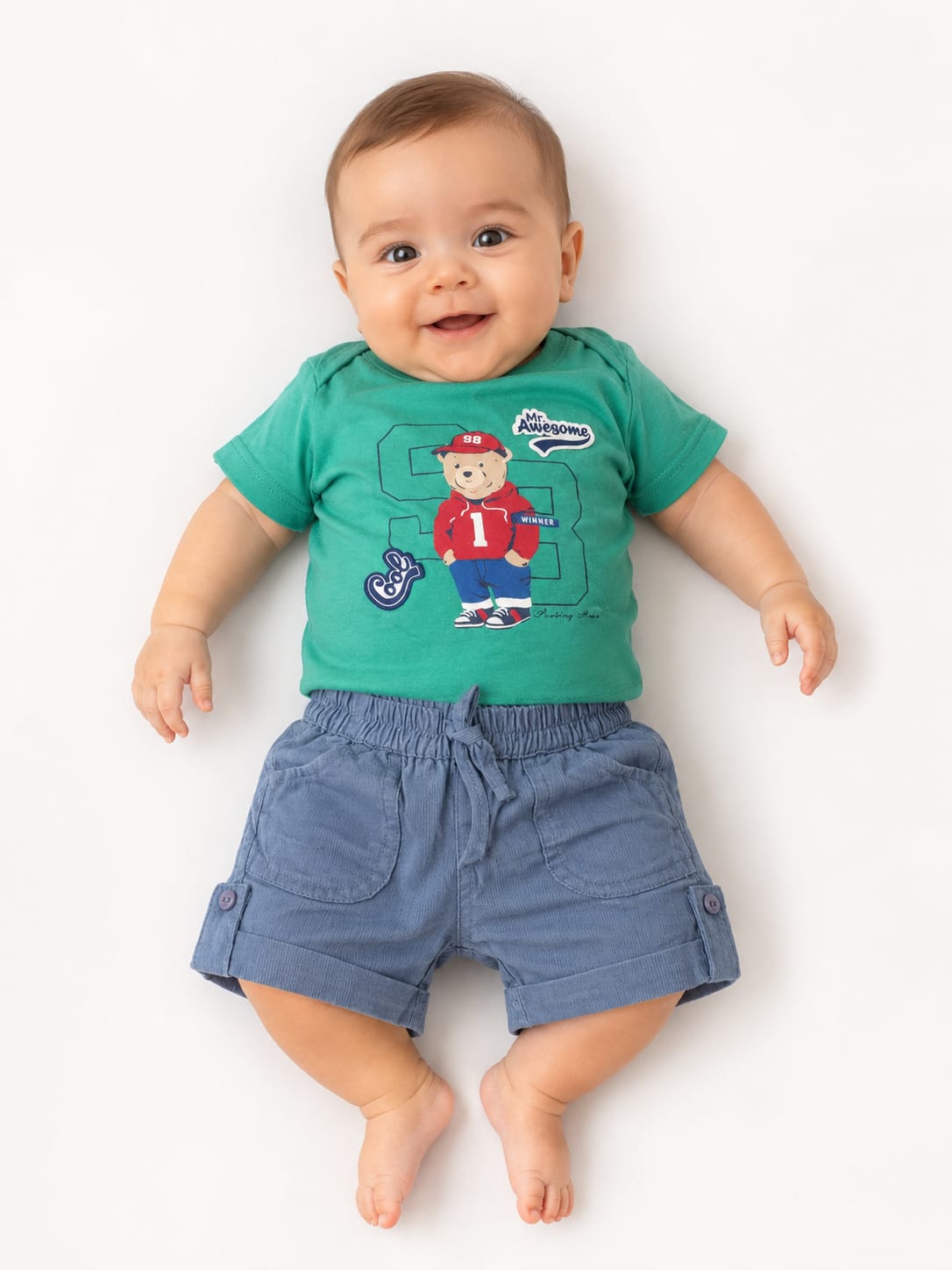 Sporty Varsity Bear Tee & Corduroy Shorts Set