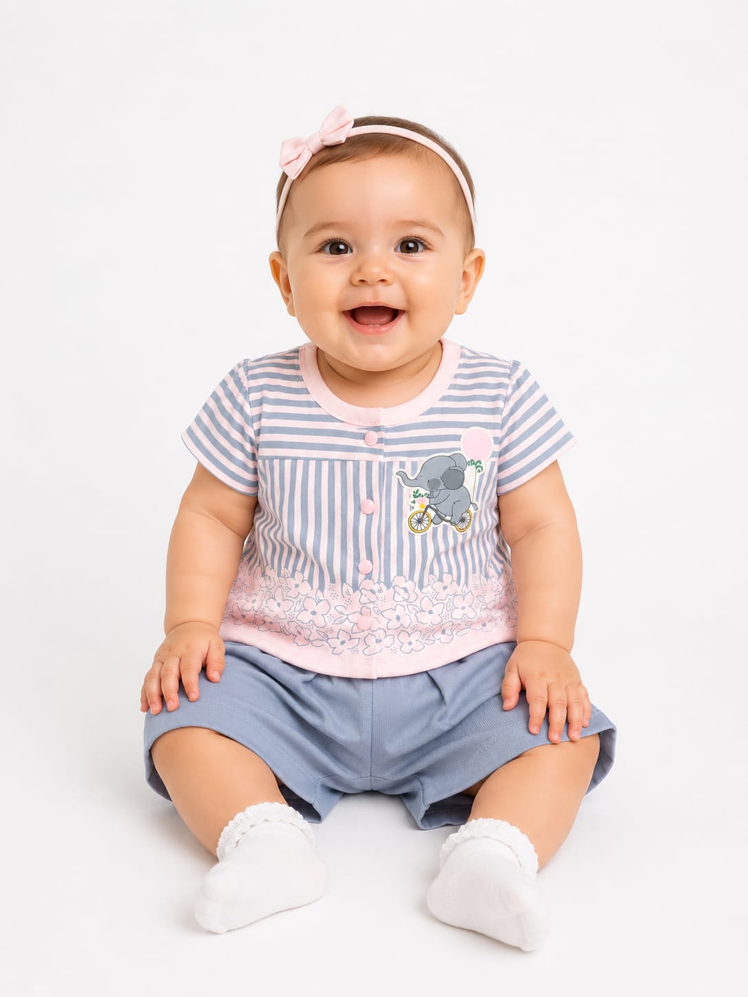 Playful Stripes: Two-Piece Short-Sleeve Infant Shorts Set